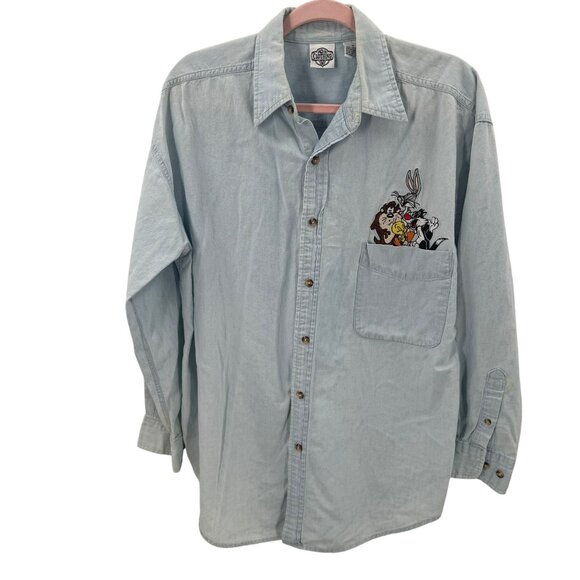 Acme Clothing Looney Tunes Embroidered Denim Button-Up Shirt Womens Size M Long - Picture 1 of 8